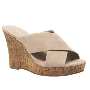 Charles by Charles David Latrice Wedge Sandals 7 Beige Suede Cork Platform Slide